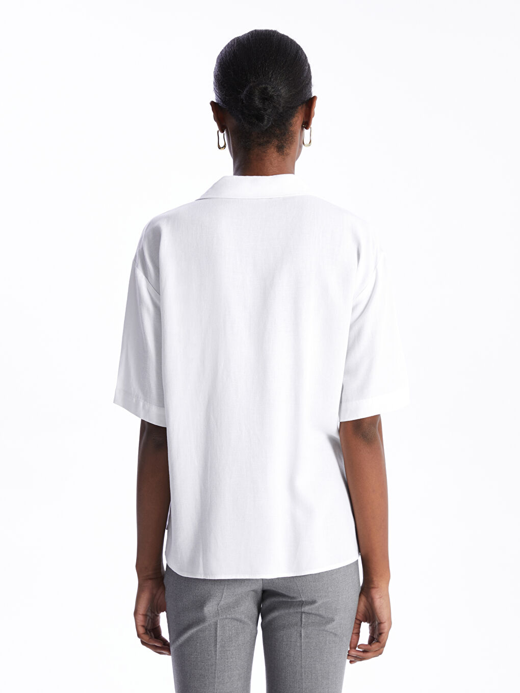 Ekru Düz Kısa Kollu Keten Karışımlı Kadın Gömlek-4