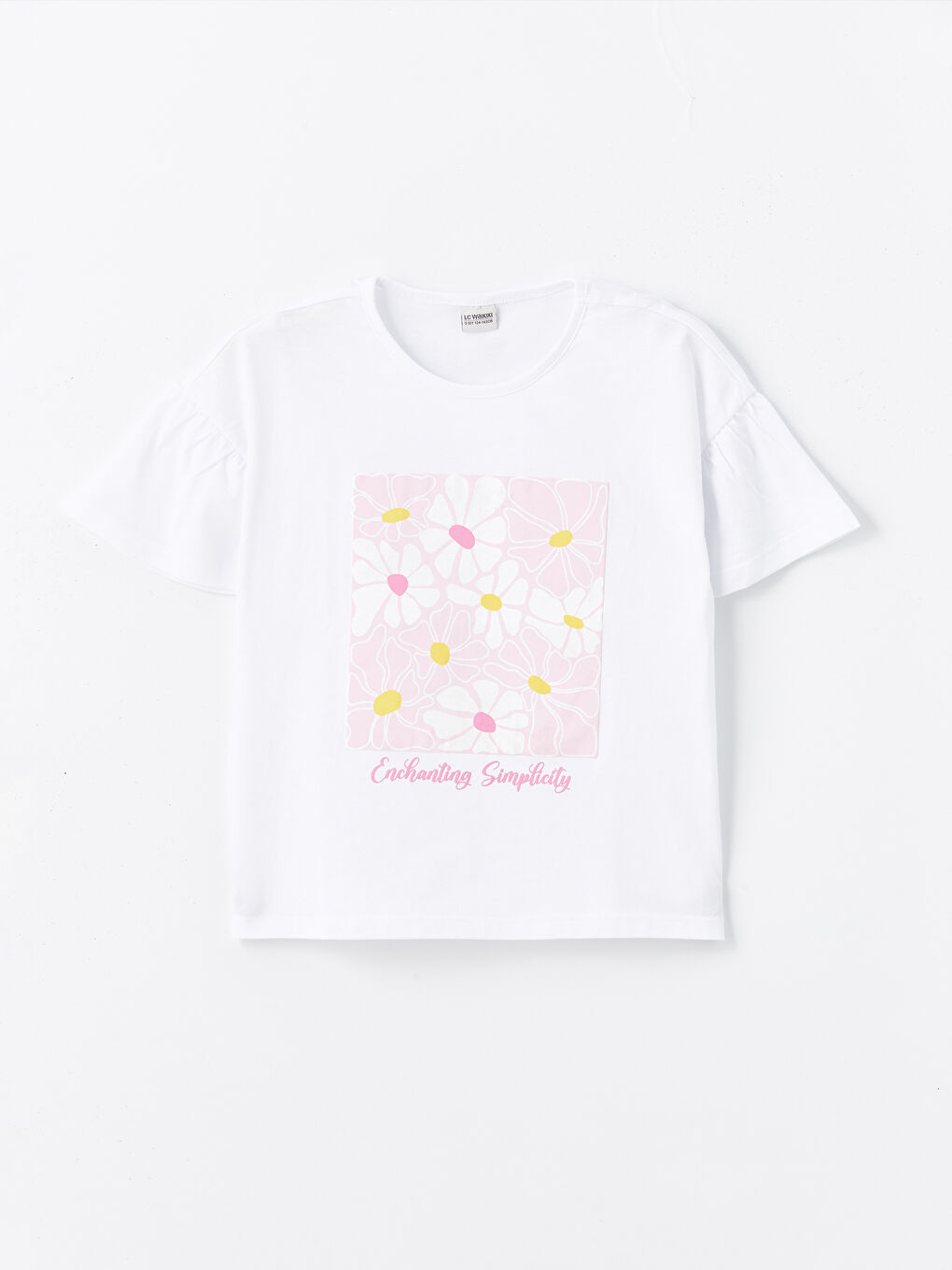 Beyaz Bisiklet Yaka Çiçekli Kısa Kollu Kız Çocuk Tişört