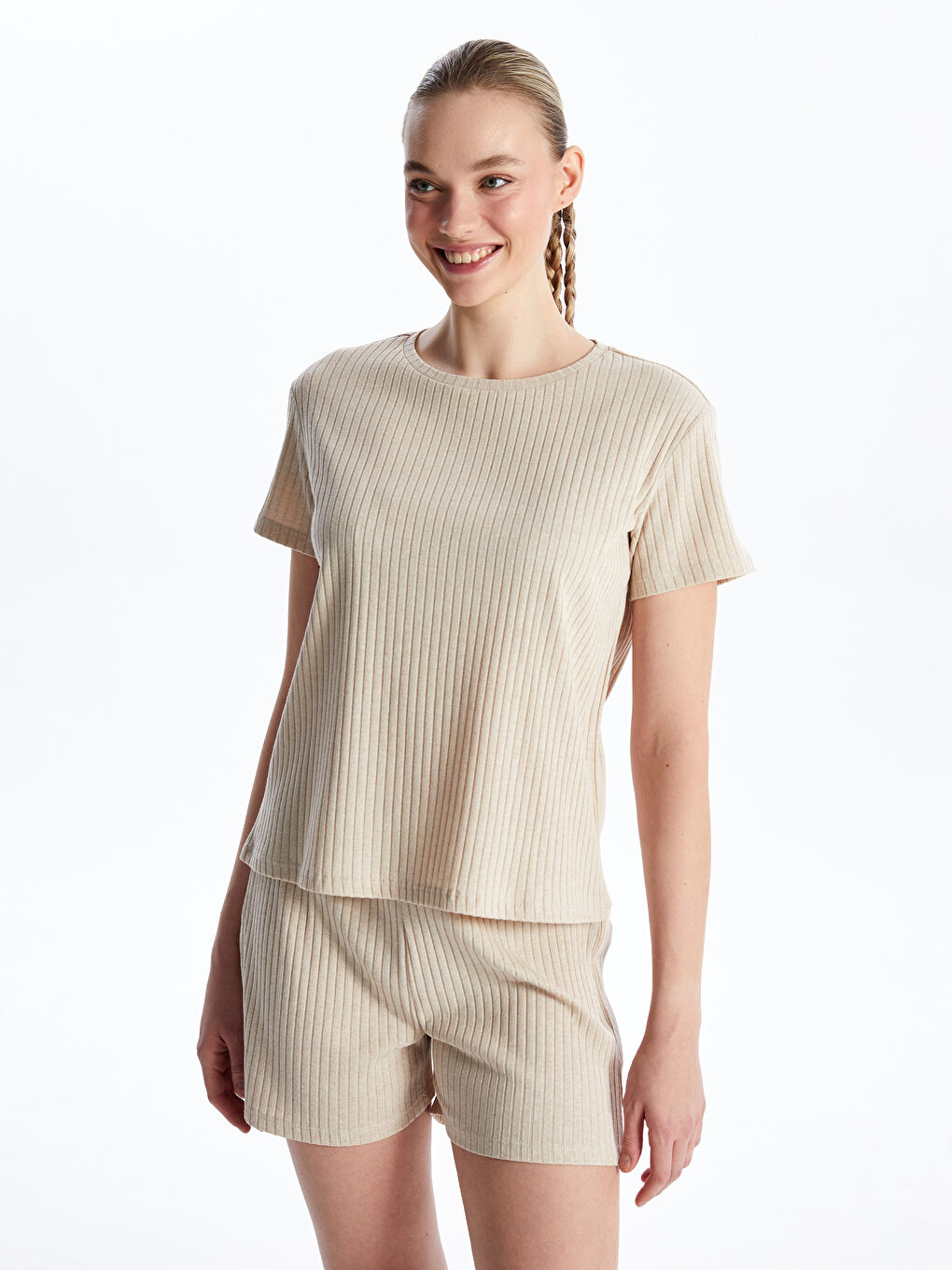 Crew Neck Straight Short Sleeve Women's Short Pajamas Set -S4EL89Z8-VBR