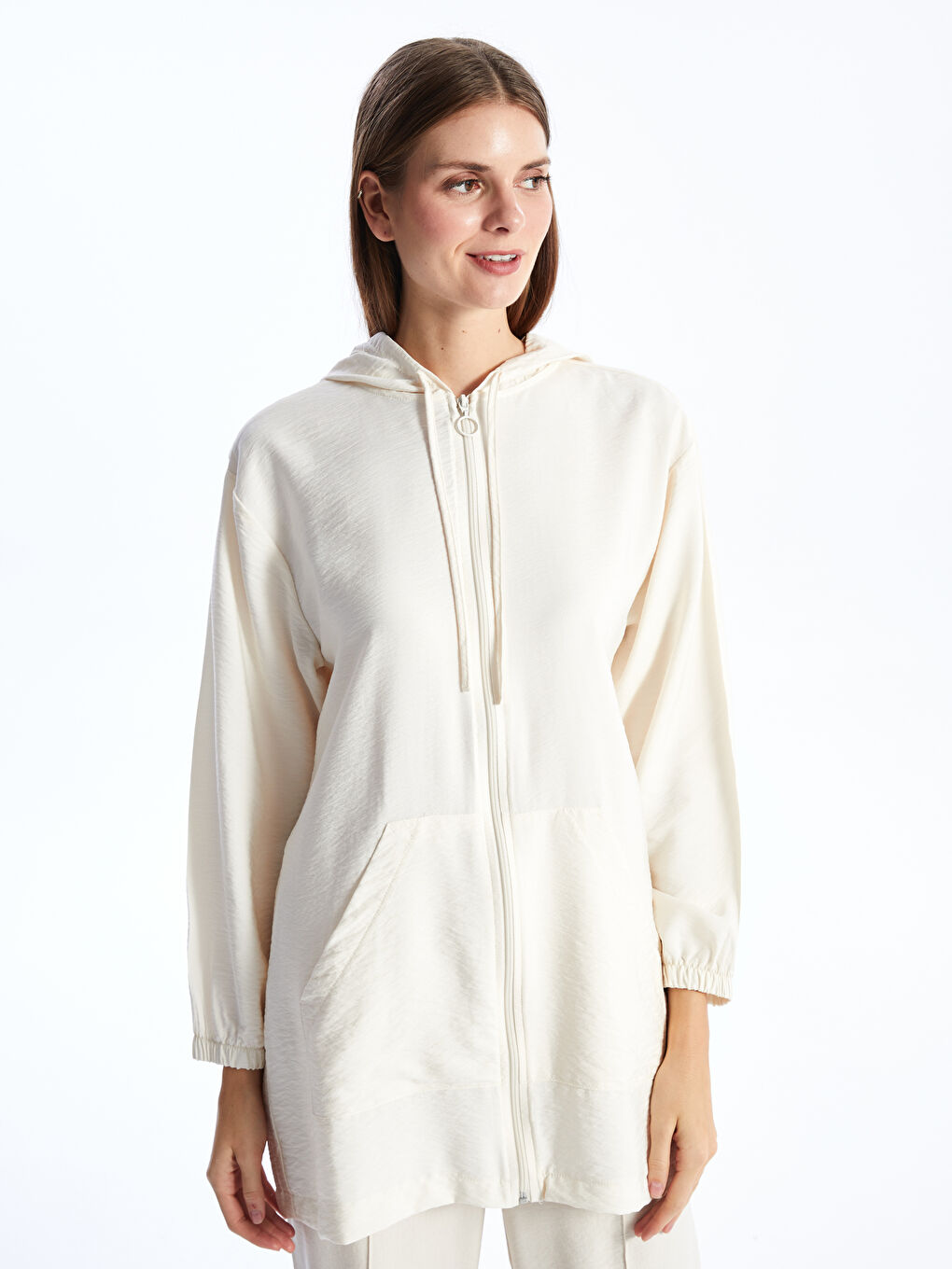 Gri Kapüşonlu Düz Uzun Kollu Kadın Fermuarlı Sweatshirt