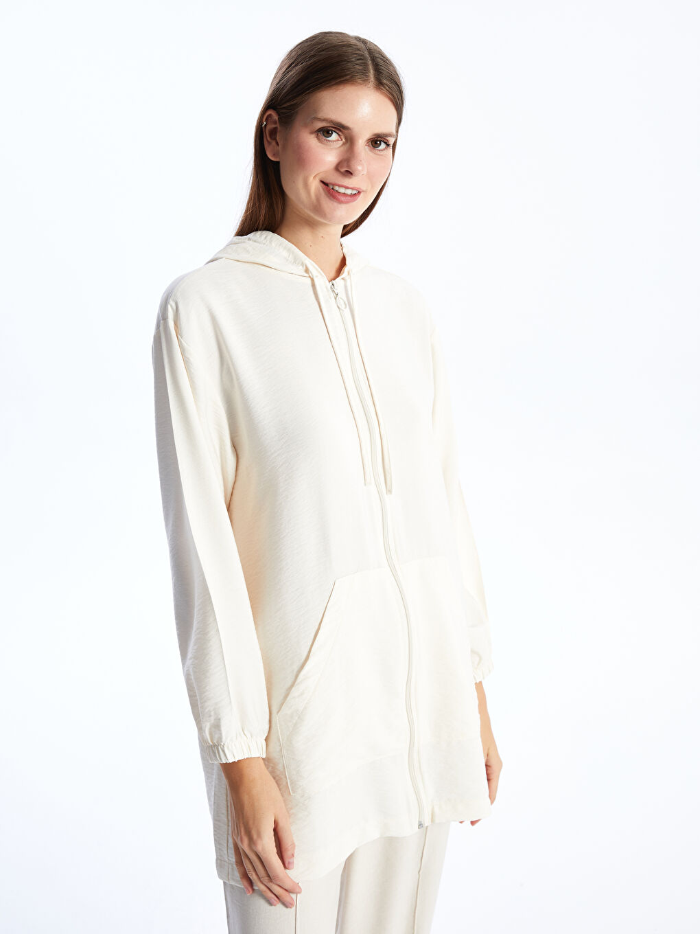 Gri Kapüşonlu Düz Uzun Kollu Kadın Fermuarlı Sweatshirt-1