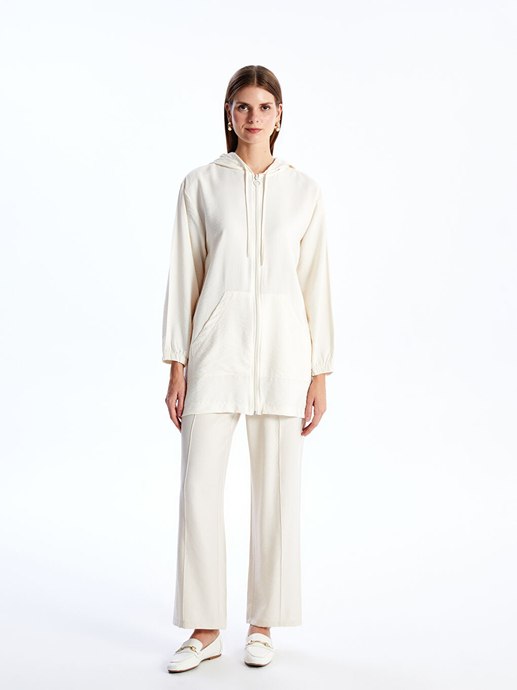 Gri Kapüşonlu Düz Uzun Kollu Kadın Fermuarlı Sweatshirt-2