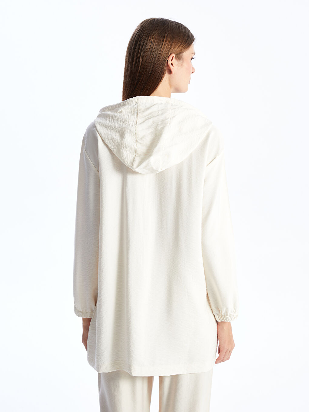 Gri Kapüşonlu Düz Uzun Kollu Kadın Fermuarlı Sweatshirt-4