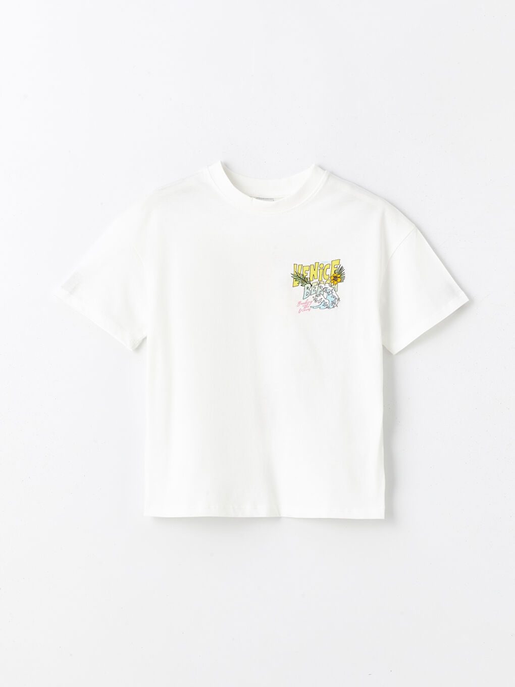 تيشيرت للبنات بياقة دائرية مطبوع كم قصير