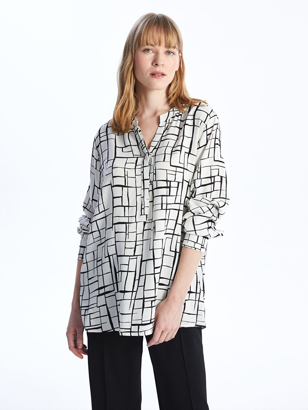 Henley Neckline Patterned Long Sleeve Women's Blouse -S4EM62Z8-LRA