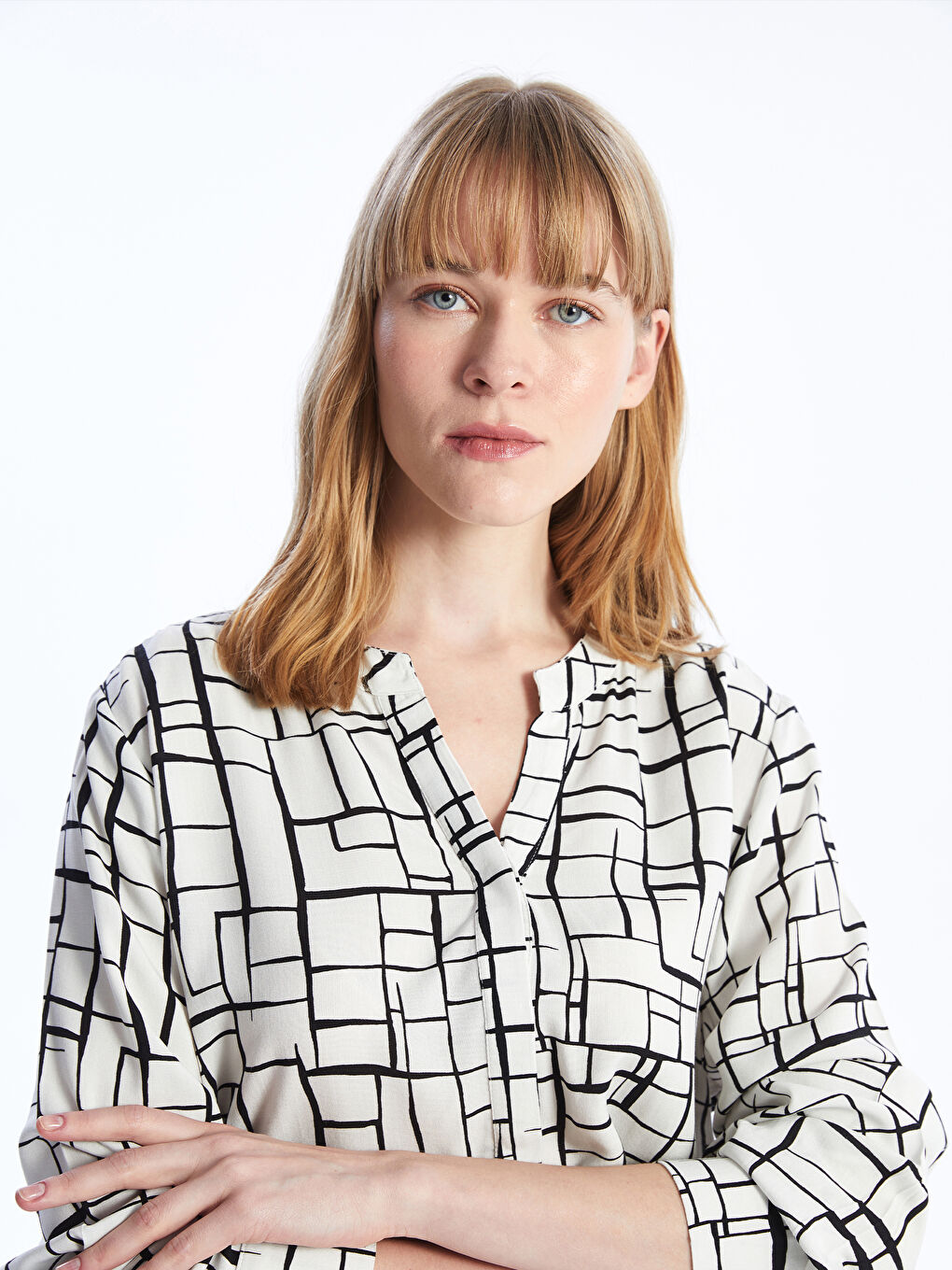 Henley Neckline Patterned Long Sleeve Women's Blouse -S4EM62Z8-LRA