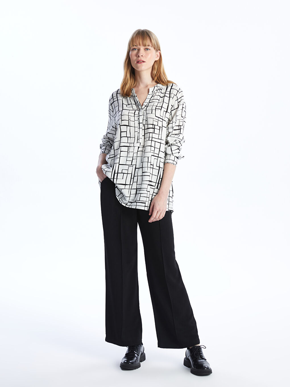 Henley Neckline Patterned Long Sleeve Women's Blouse -S4EM62Z8-LRA