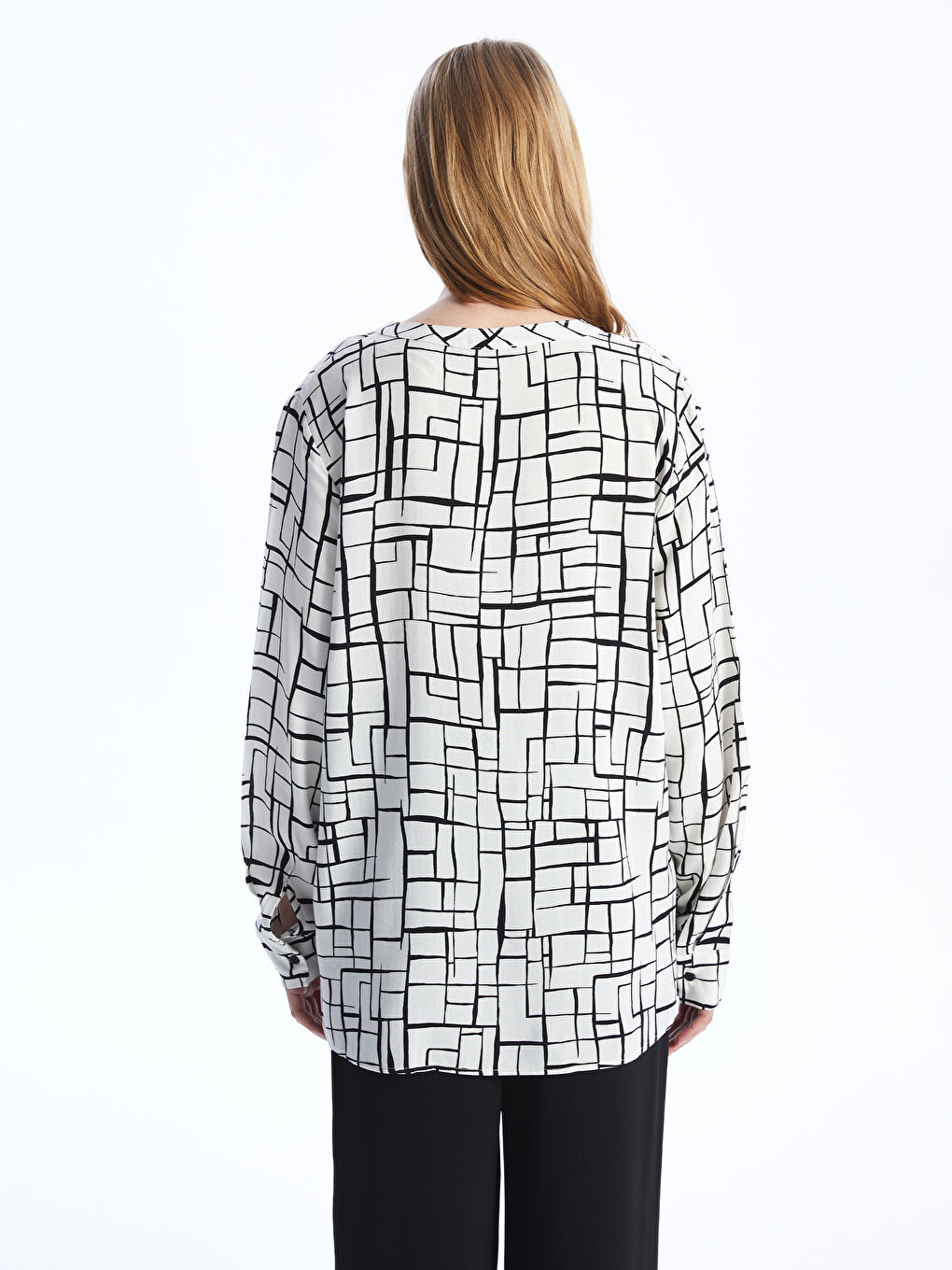 Henley Neckline Patterned Long Sleeve Women's Blouse -S4EM62Z8-LRA