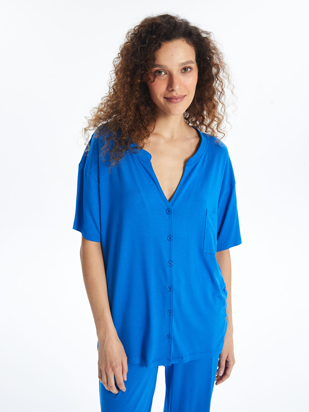 Mavi Kaçık Yaka Kadın Pijama Üstü