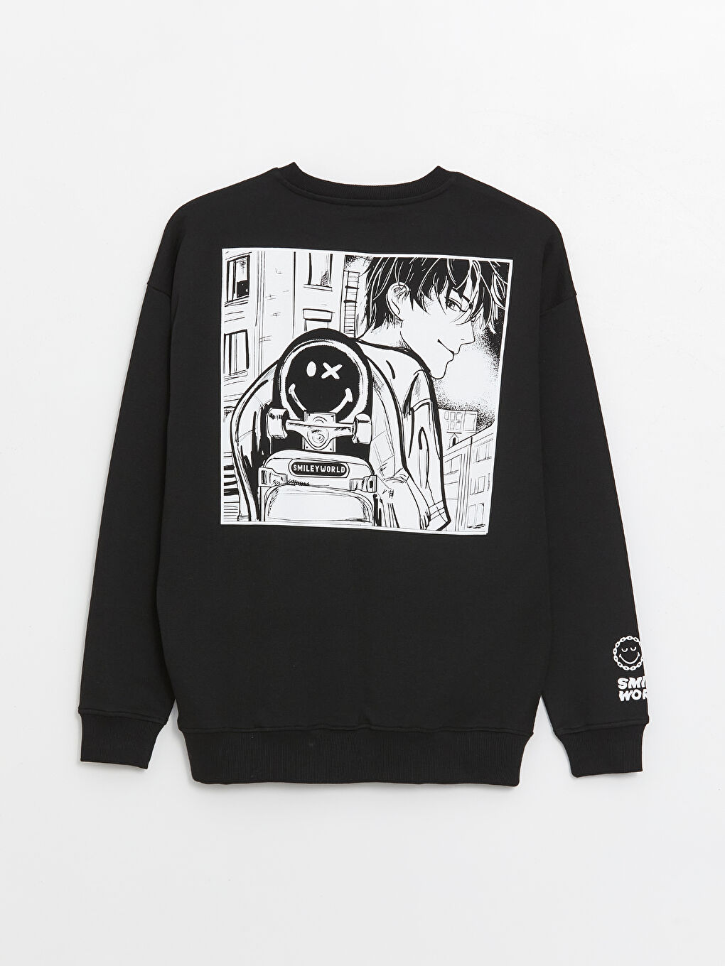 XSIDE Yeni Siyah Bisiklet Yaka Uzun Kollu SmileyWorld Baskılı Erkek Sweatshirt - 5