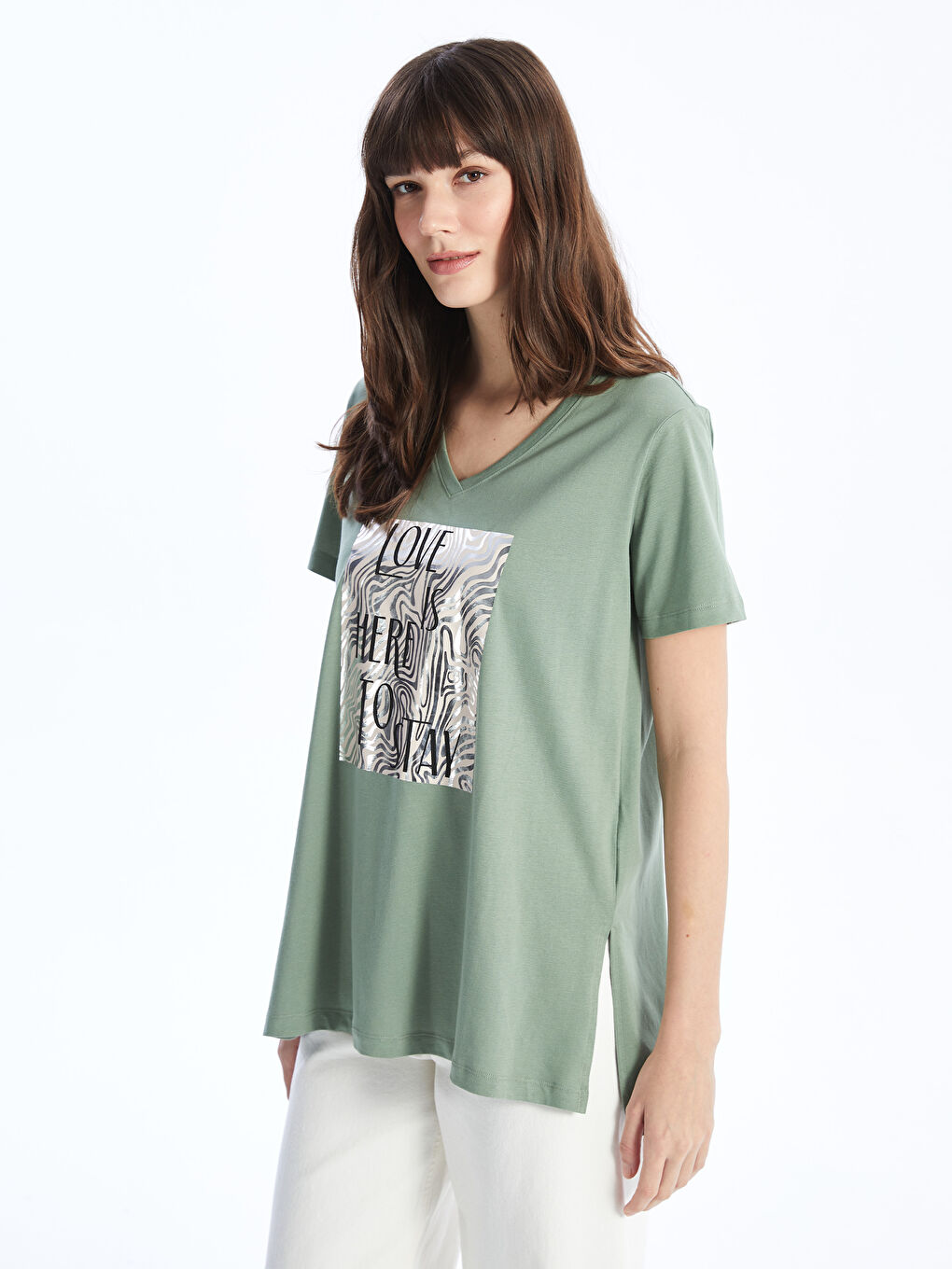V Neck Printed Short Sleeve Women T-Shirt -S4EN56Z8-GX7