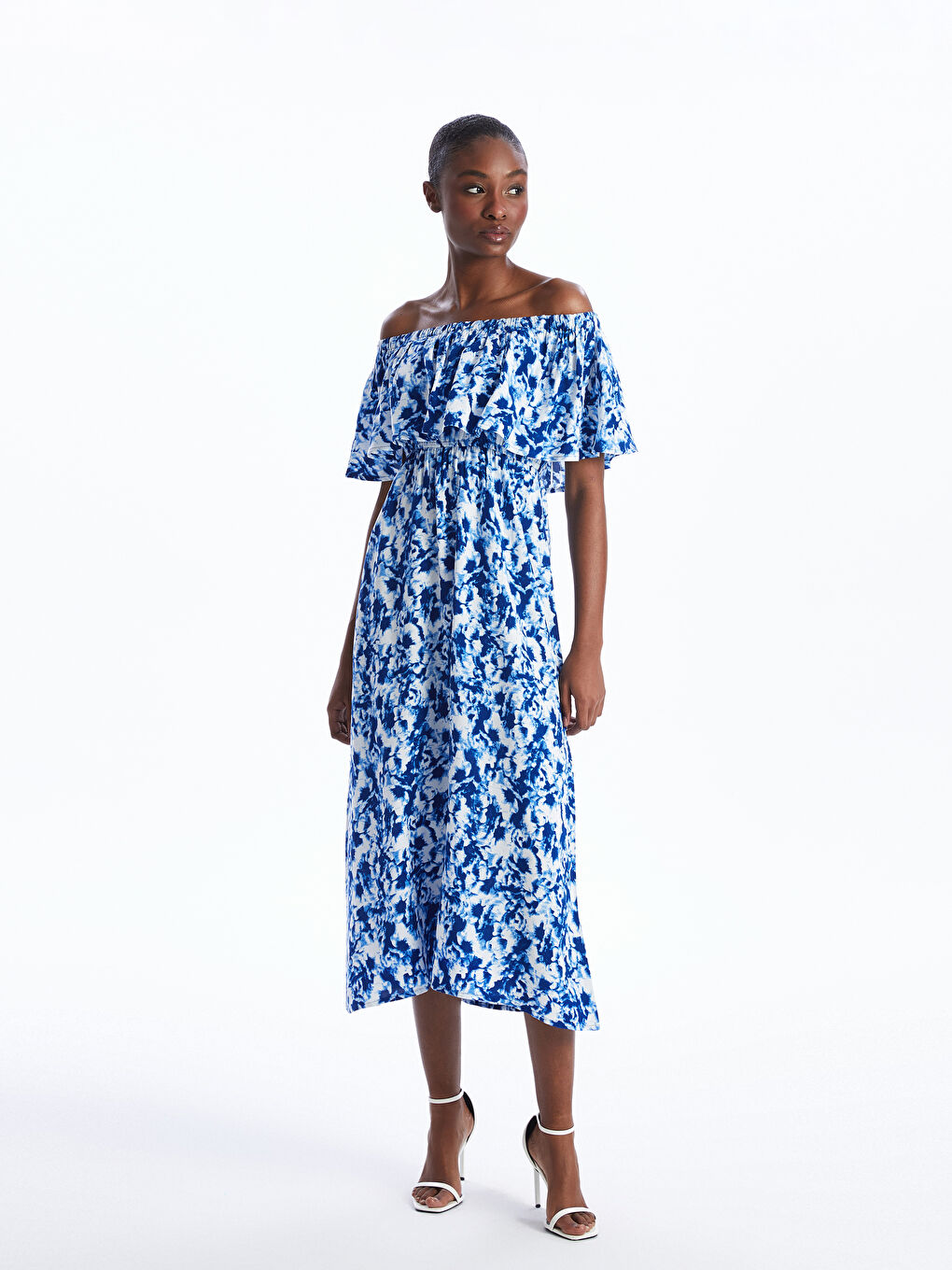 ქალებისთვის ნიმუშიანი მოკლე სახელო გაჭრილი ყელი კაბა-2