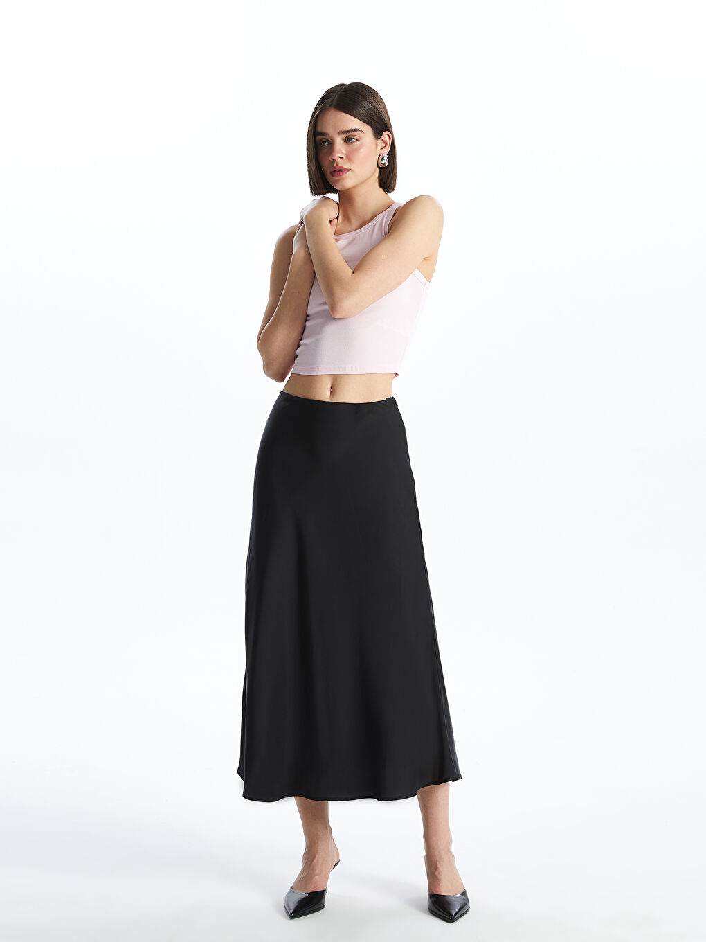 Standard Fit Plain A-Line Satin Women's Skirt -S4EN74Z8-CVL