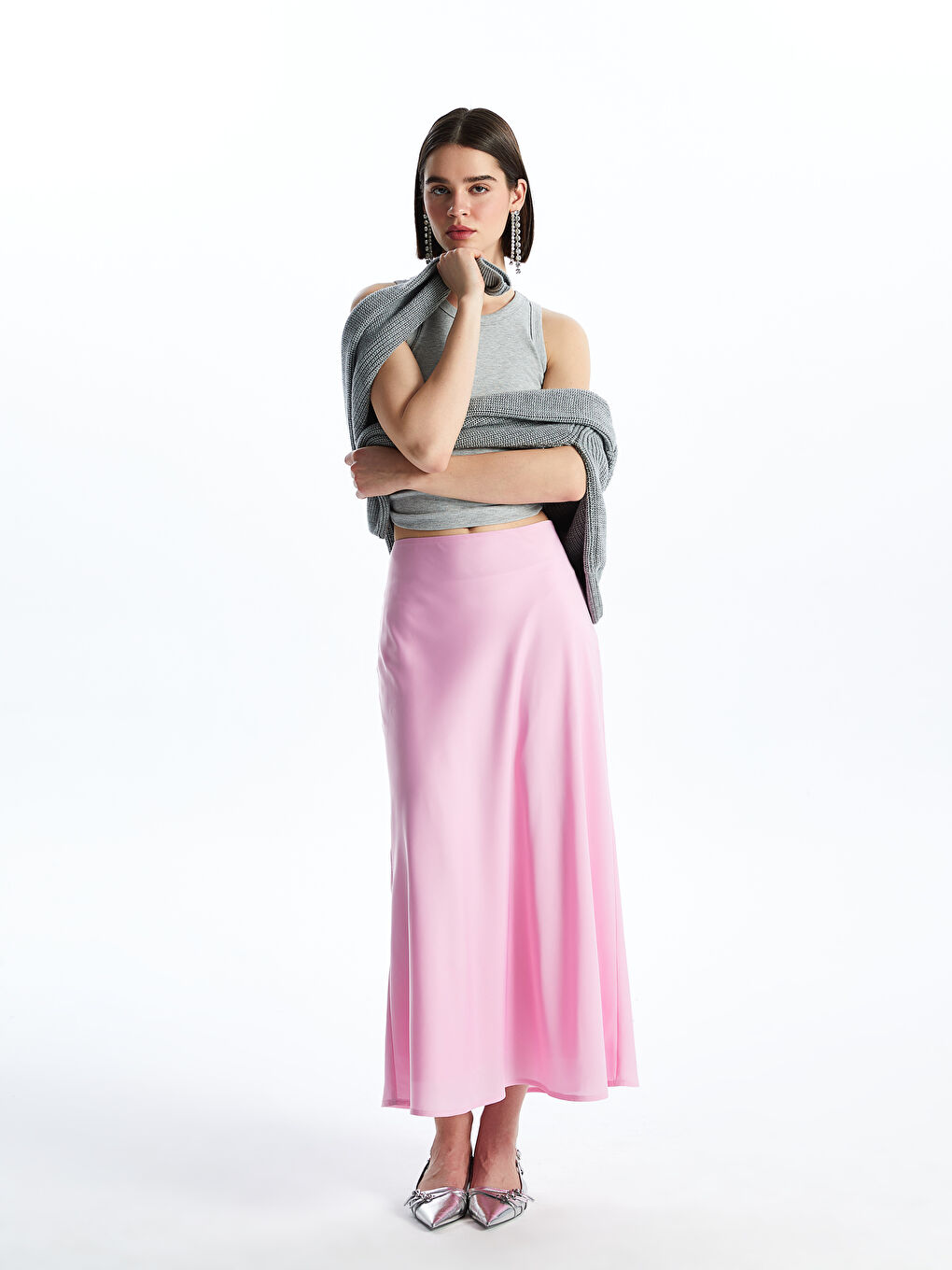 LCW Vision Standard Fit Plain A-Line Satin Women's Skirt -S4EN74Z8-QXA