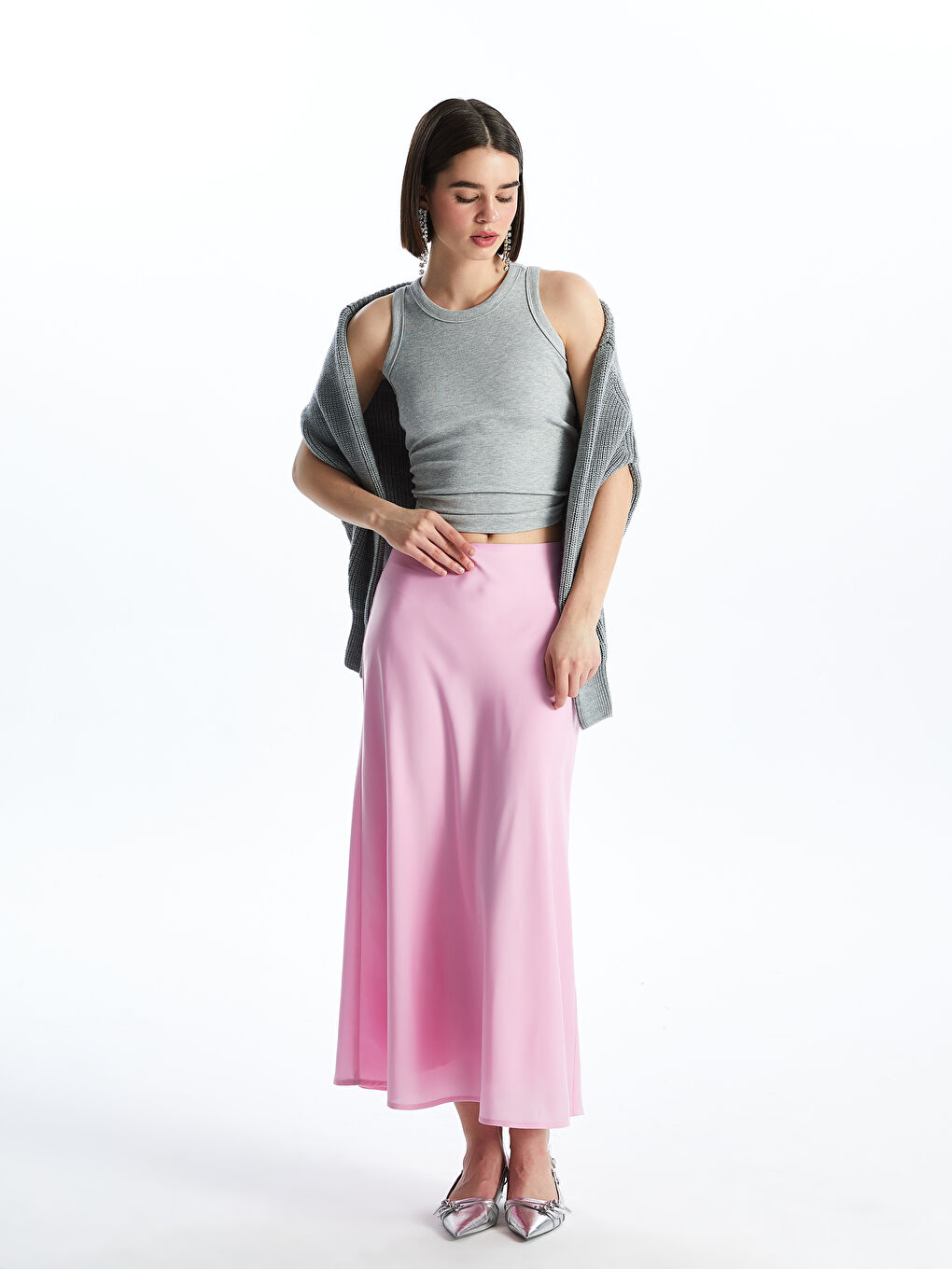 LCW Vision Standard Fit Plain A-Line Satin Women's Skirt -S4EN74Z8-QXA