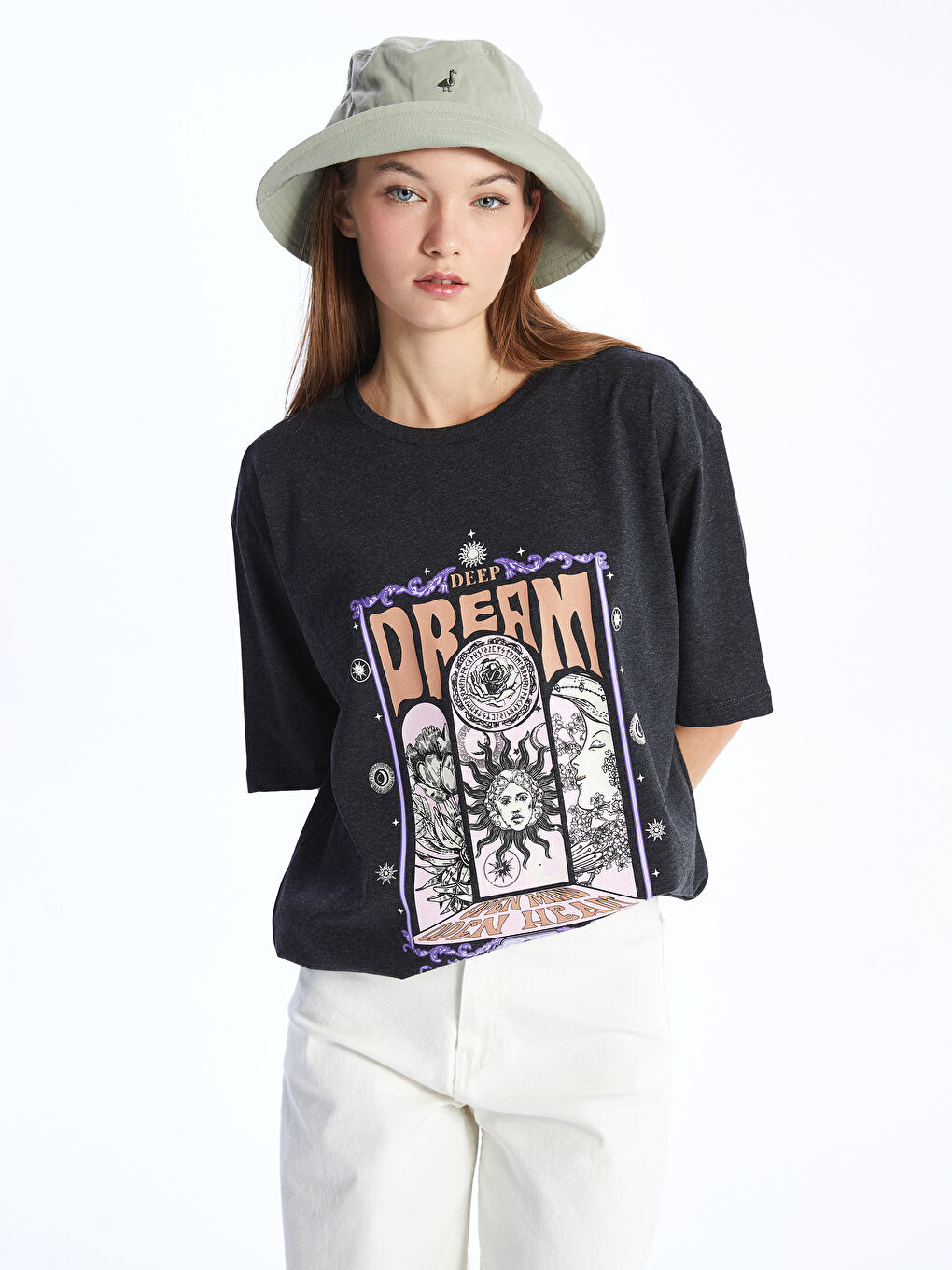 Antrasit Bisiklet Yaka Baskılı Kısa Kollu Oversize Kadın Tişört