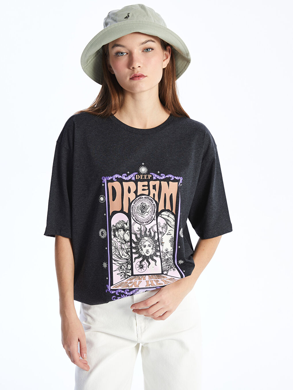 Antrasit Bisiklet Yaka Baskılı Kısa Kollu Oversize Kadın Tişört-1