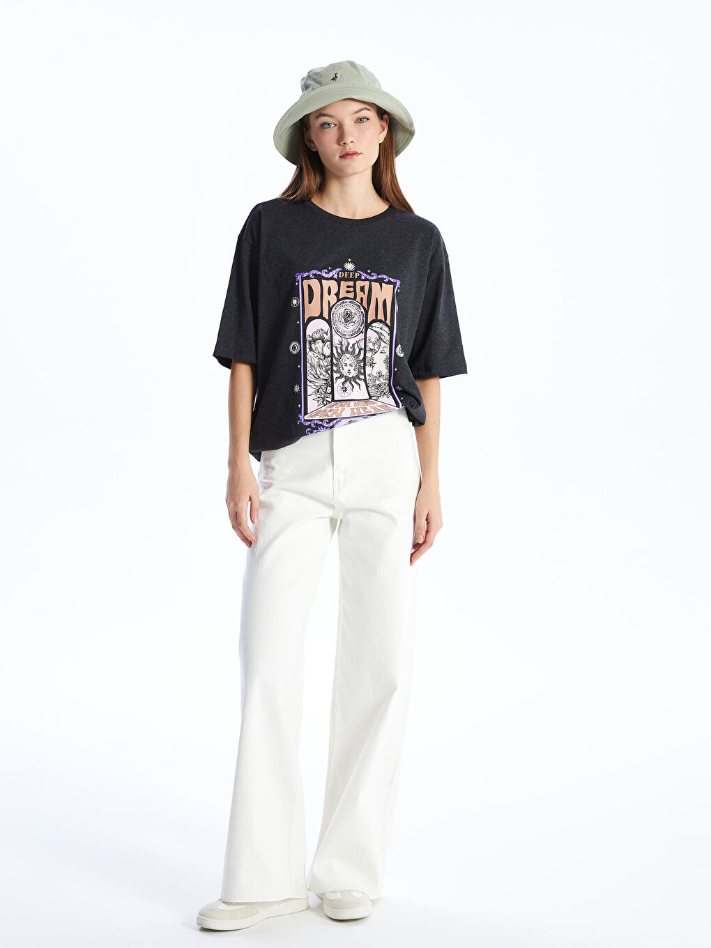 Antrasit Bisiklet Yaka Baskılı Kısa Kollu Oversize Kadın Tişört-2