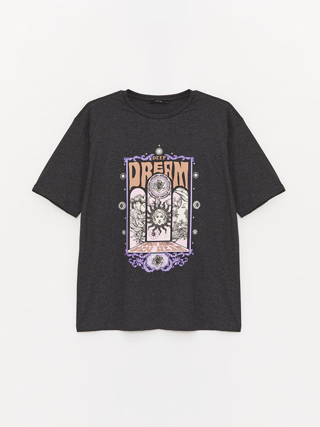 Antrasit Bisiklet Yaka Baskılı Kısa Kollu Oversize Kadın Tişört-5