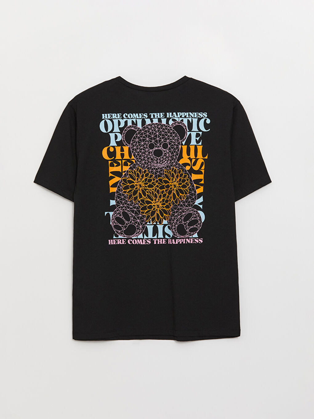 Siyah Bisiklet Yaka Baskılı Kısa Kollu Oversize Kadın Tişört-6