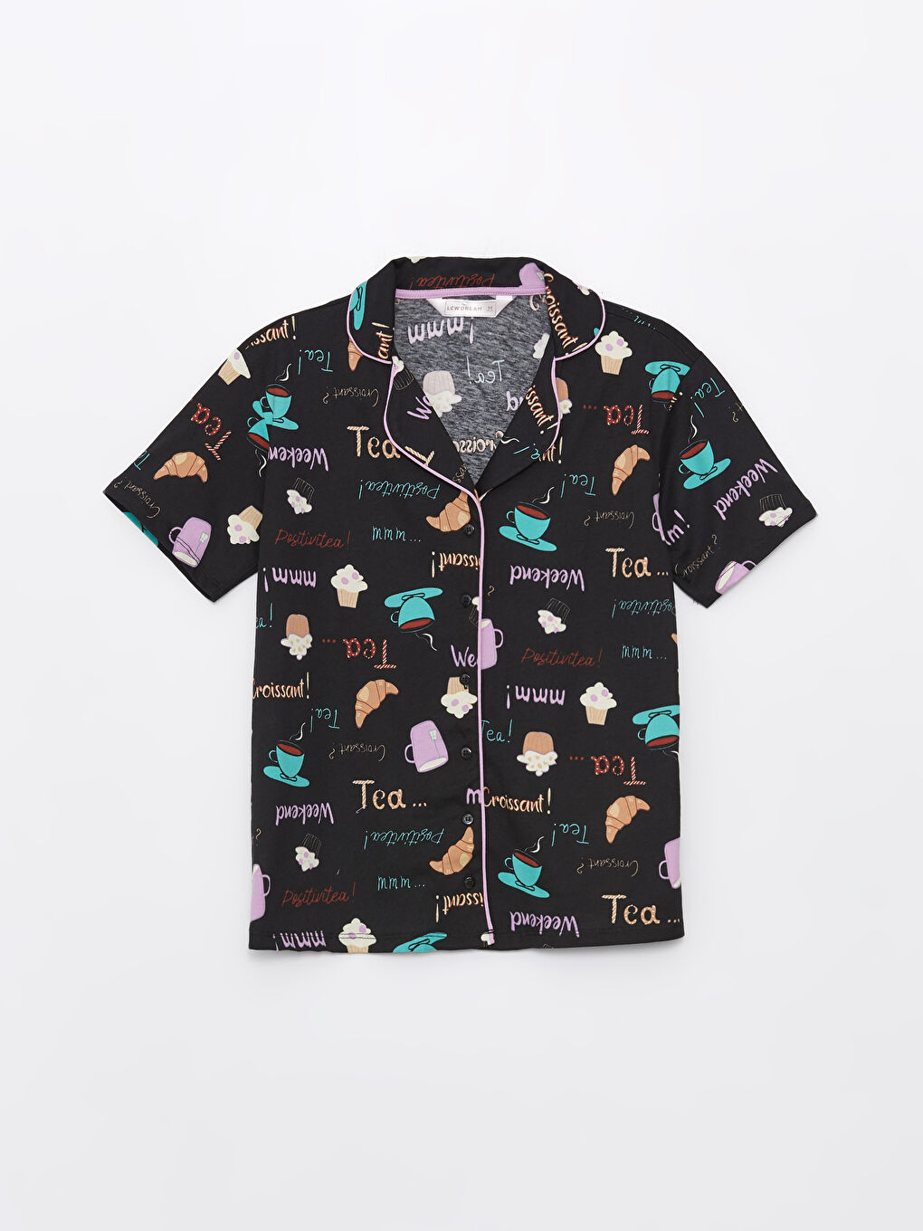 Siyah Gömlek Yaka Desenli Kadın Pijama Üstü