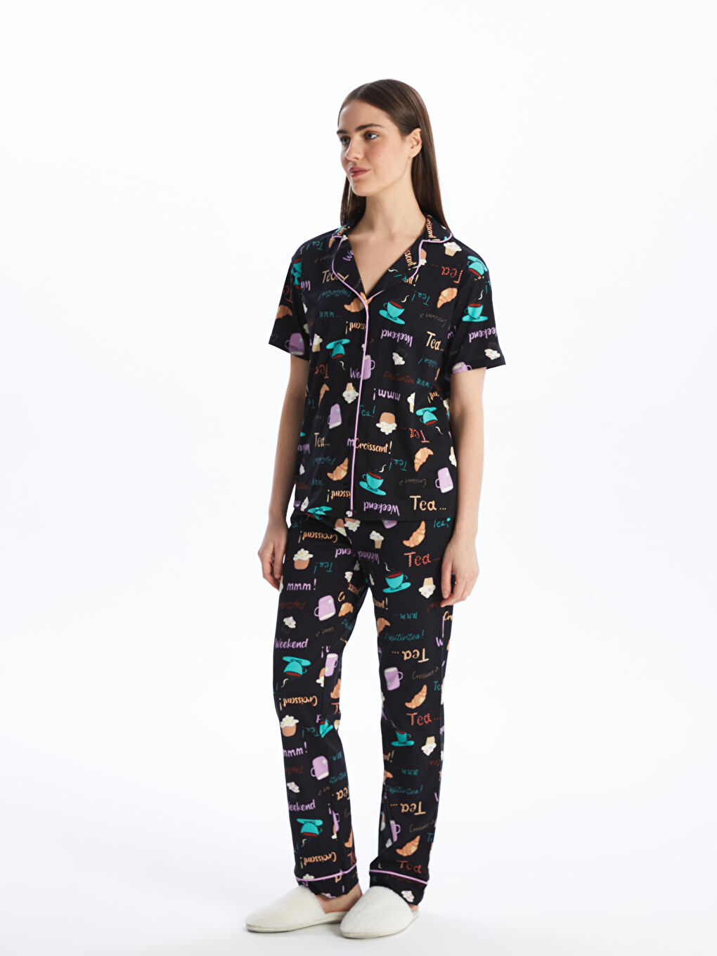 Shirt Collar Printed Short Sleeve Women's Pajamas Set -S4EP01Z8-LQJ