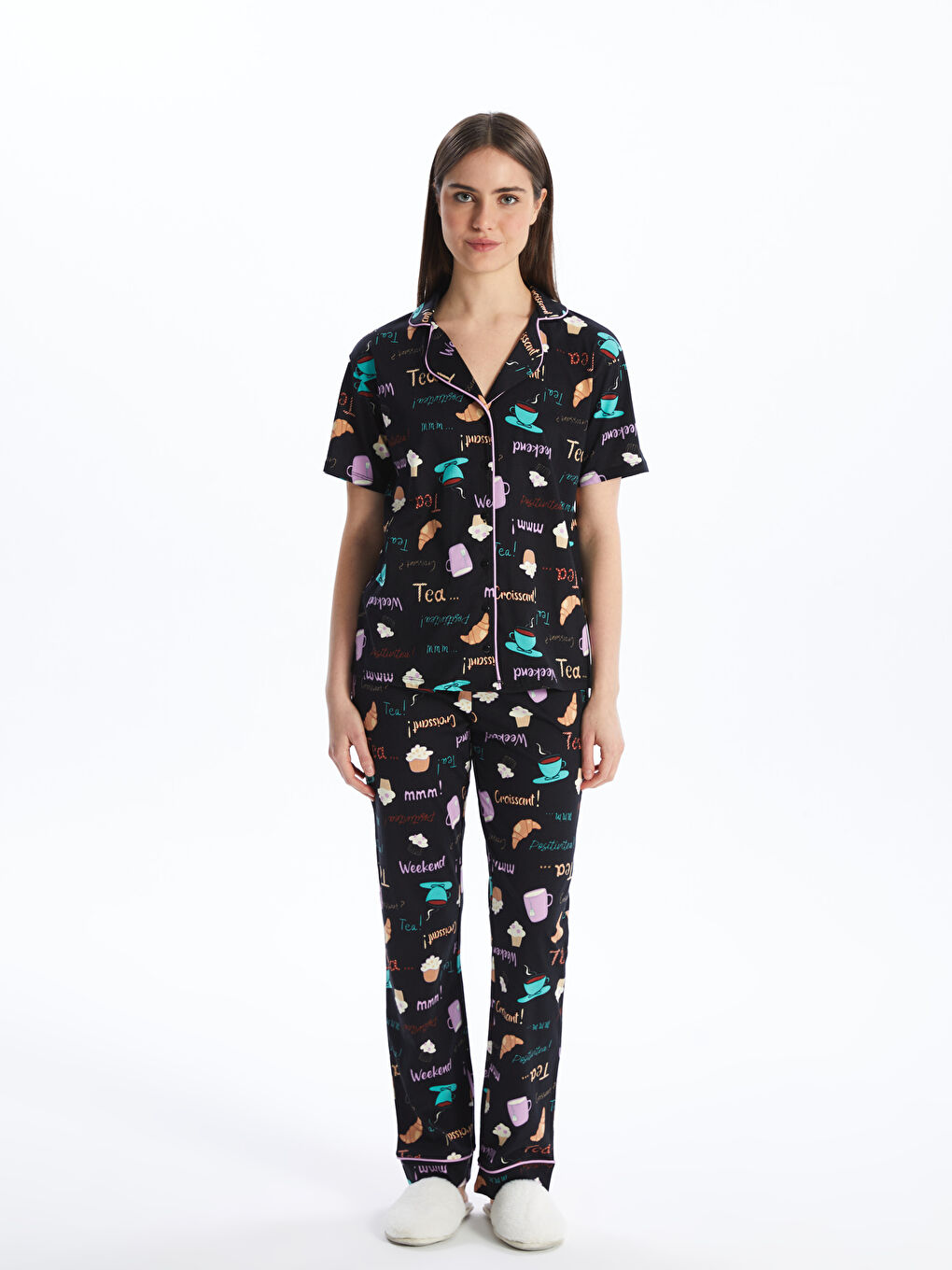 Shirt Collar Printed Short Sleeve Women's Pajamas Set -S4EP01Z8-LQJ