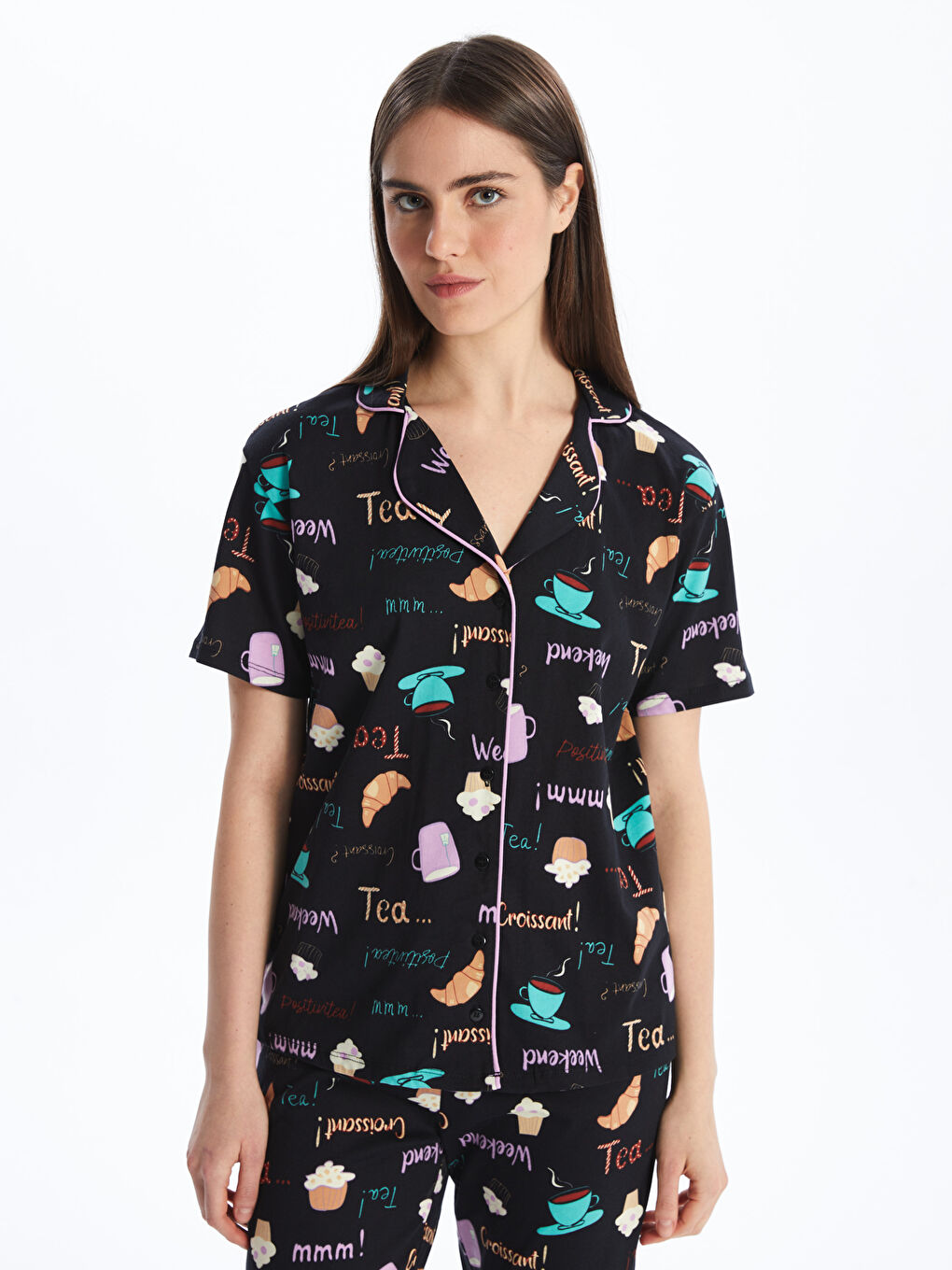 Shirt Collar Printed Short Sleeve Women's Pajamas Set -S4EP01Z8-LQJ