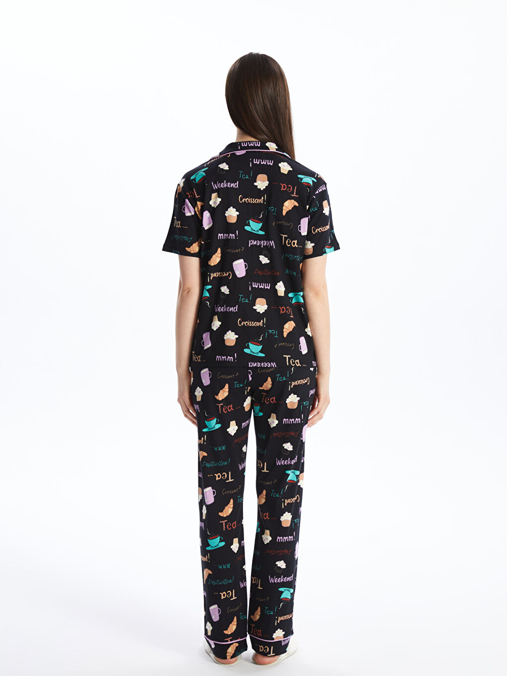 Shirt Collar Printed Short Sleeve Women's Pajamas Set -S4EP01Z8-LQJ