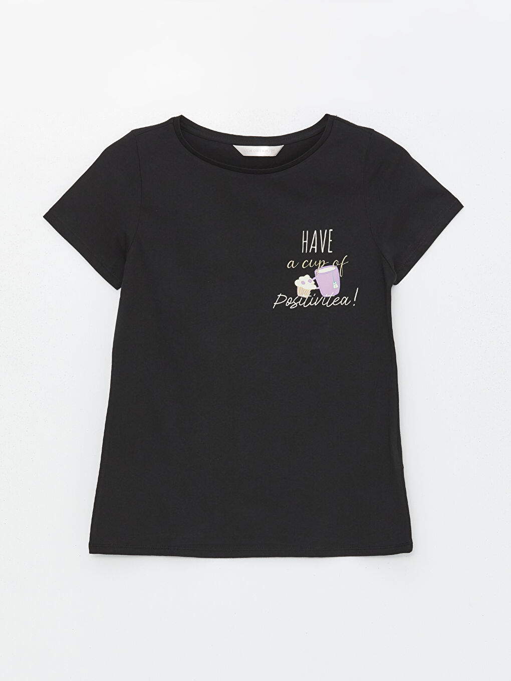 LCW DREAM Siyah Bisiklet Yaka Baskılı Kısa Kollu Kadın Pijama Üst