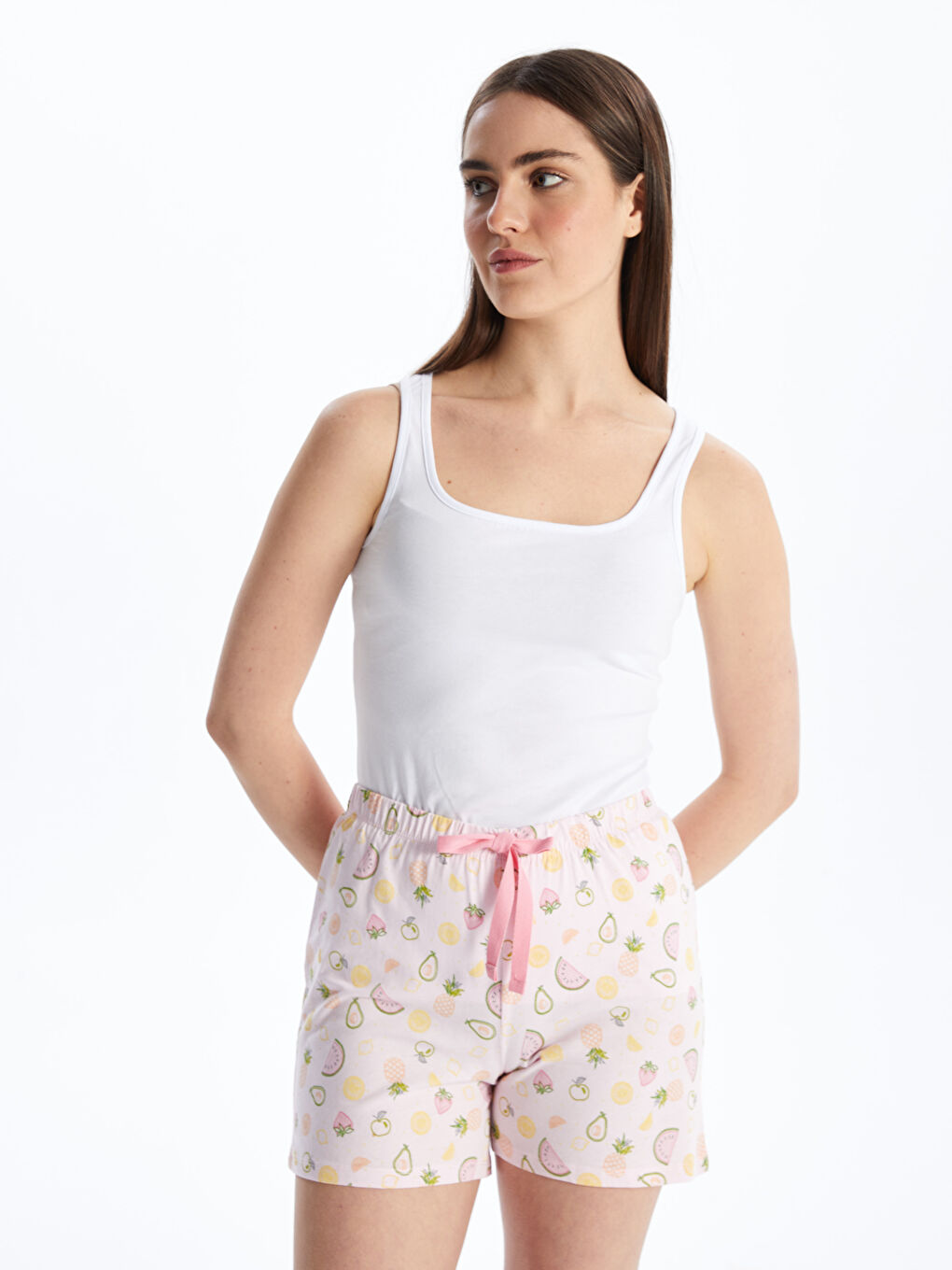 Pembe Beli Lastikli Desenli Kadın Şort Pijama Altı