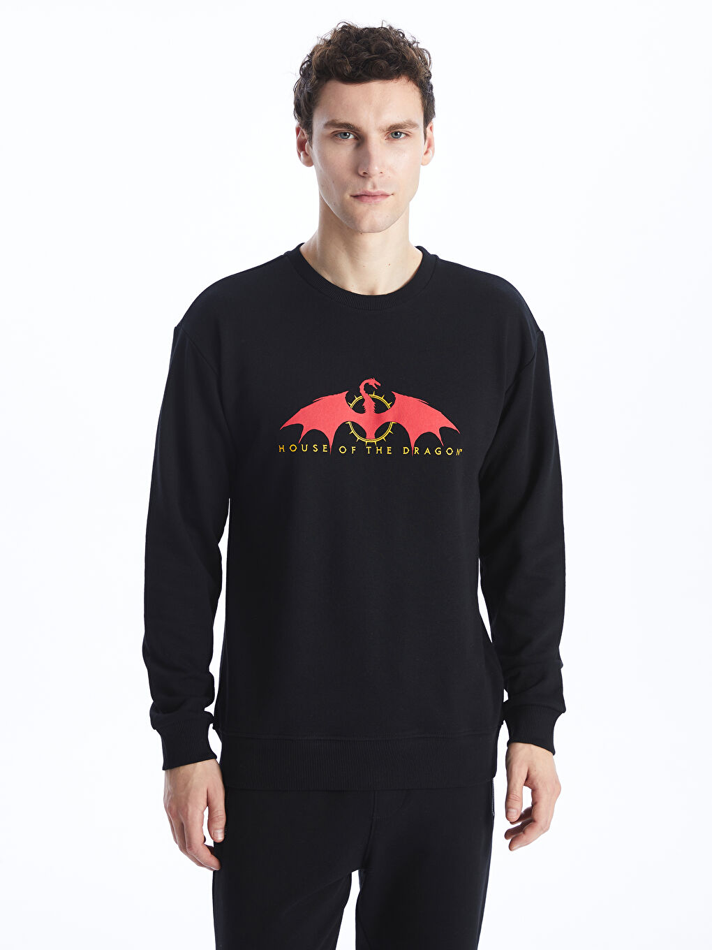 XSIDE Siyah Bisiklet Yaka Uzun Kollu House of the Dragon Baskılı Erkek Sweatshirt - 1