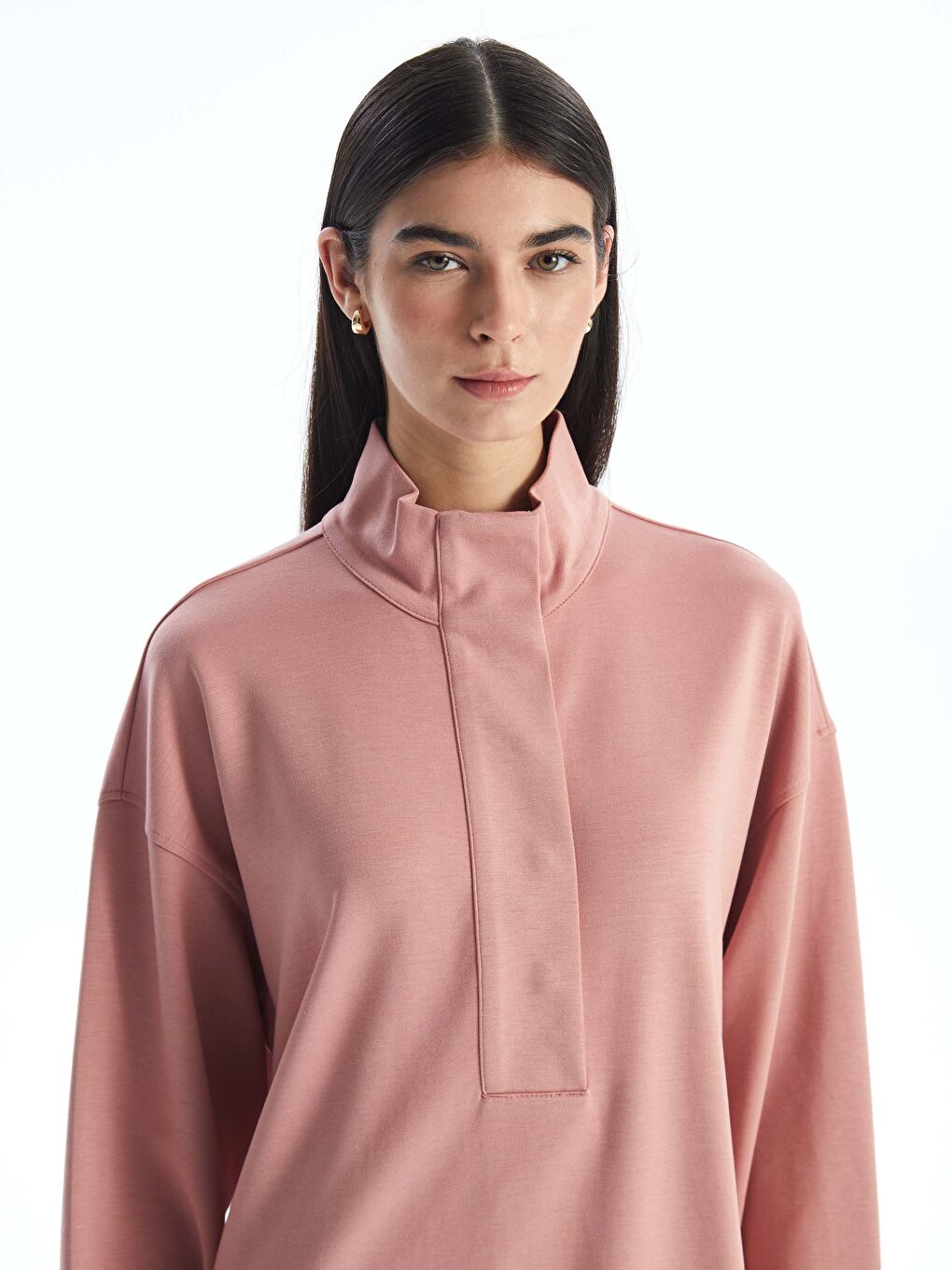 LCW Modest Pembe Dik Yaka Düz Uzun Kollu Oversize Kadın Tunik