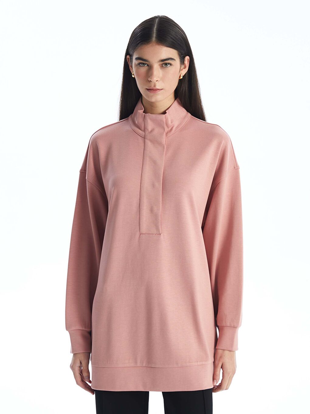 LCW Modest Pembe Dik Yaka Düz Uzun Kollu Oversize Kadın Tunik - 1