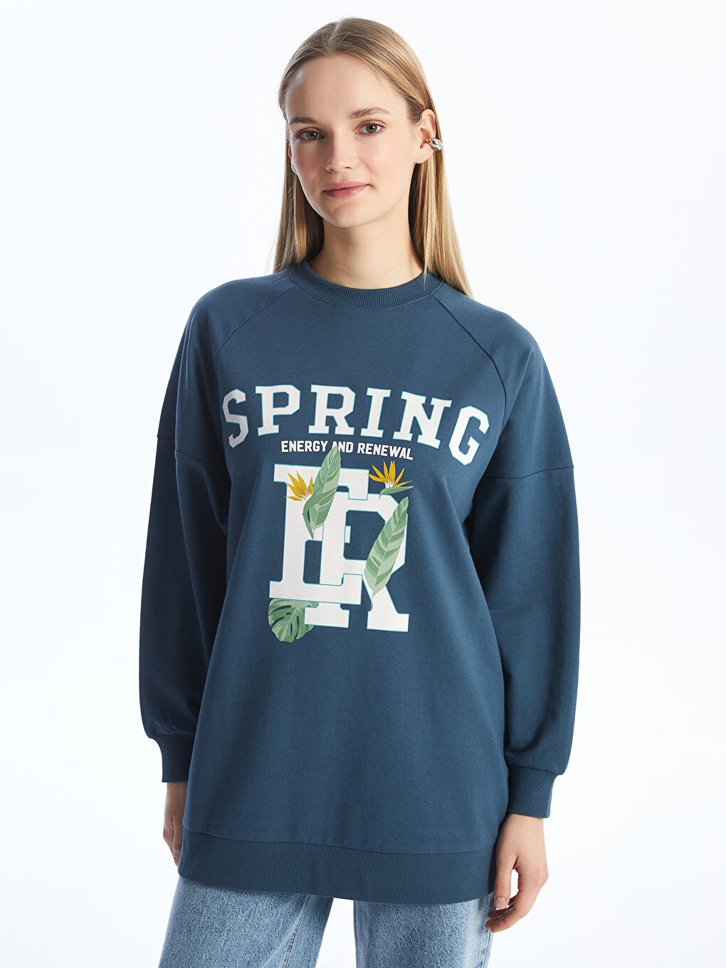 Crew Neck Printed Long Sleeve Oversize Women's Sweatshirt Tunic -S4EQ01Z8-HQL