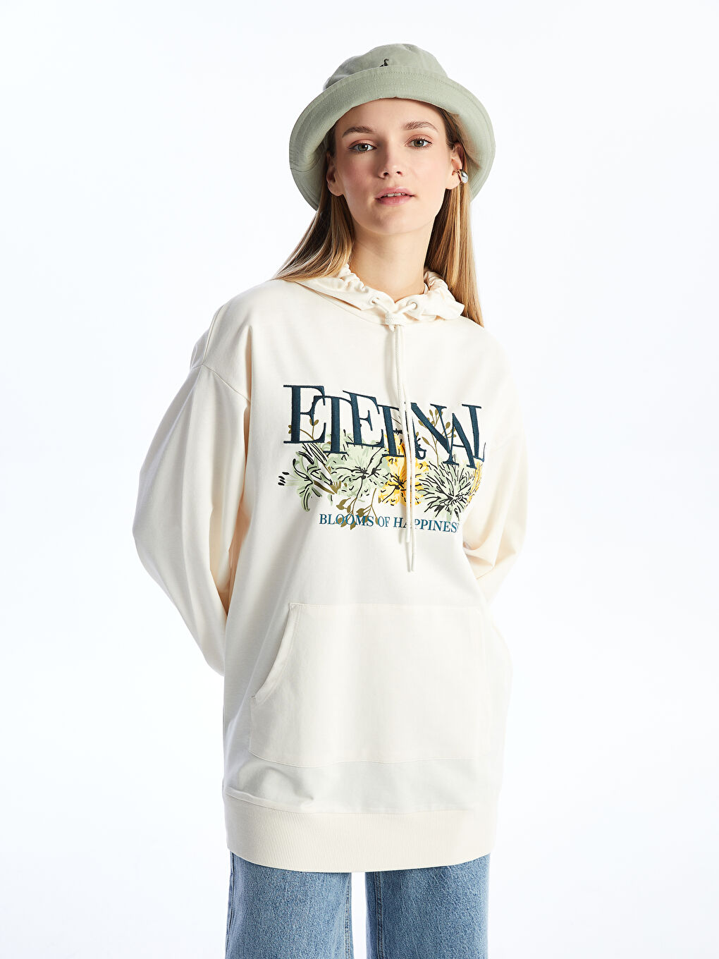 Hooded Printed Long Sleeve Oversize Women's Sweatshirt Tunic -S4EQ05Z8-FRC