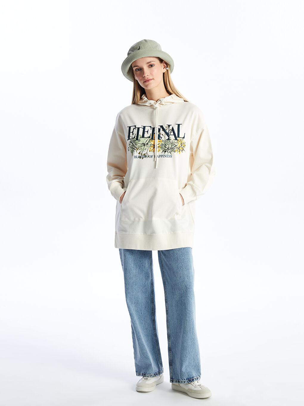 Hooded Printed Long Sleeve Oversize Women's Sweatshirt Tunic -S4EQ05Z8-FRC