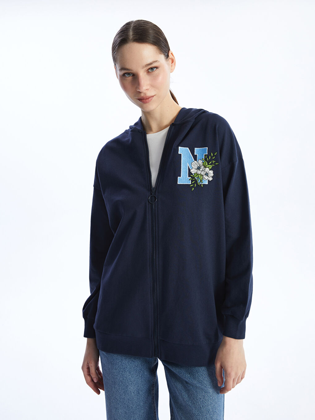 Lacivert Kapüşonlu Nakışlı Uzun Kollu Oversize Kadın Fermuarlı Sweatshirt