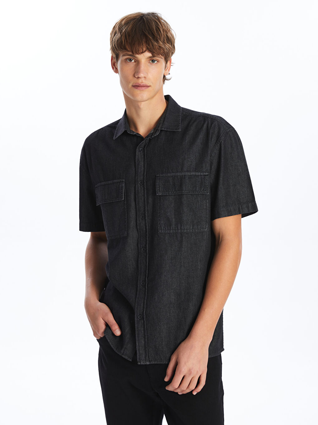 Oversize Short Sleeve Men's Denim Shirt -S4EQ87Z8-326