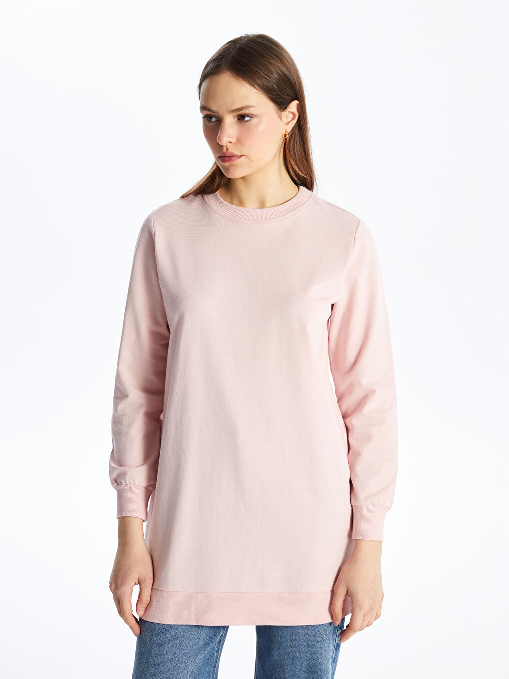 LCW Modest Pembe Bisiklet Yaka Düz Uzun Kollu Kadın Sweatshirt Tunik