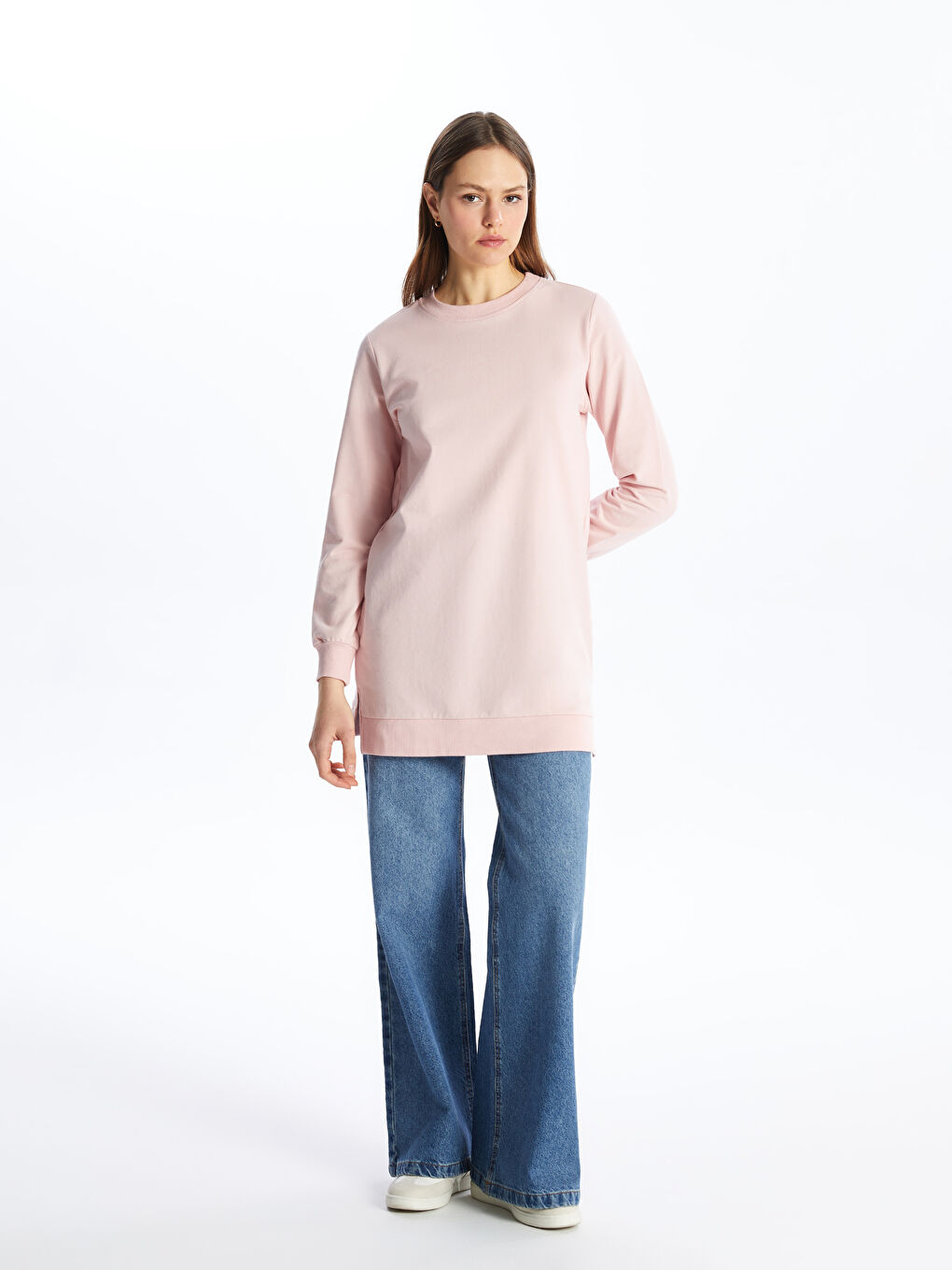 LCW Modest Pembe Bisiklet Yaka Düz Uzun Kollu Kadın Sweatshirt Tunik - 2