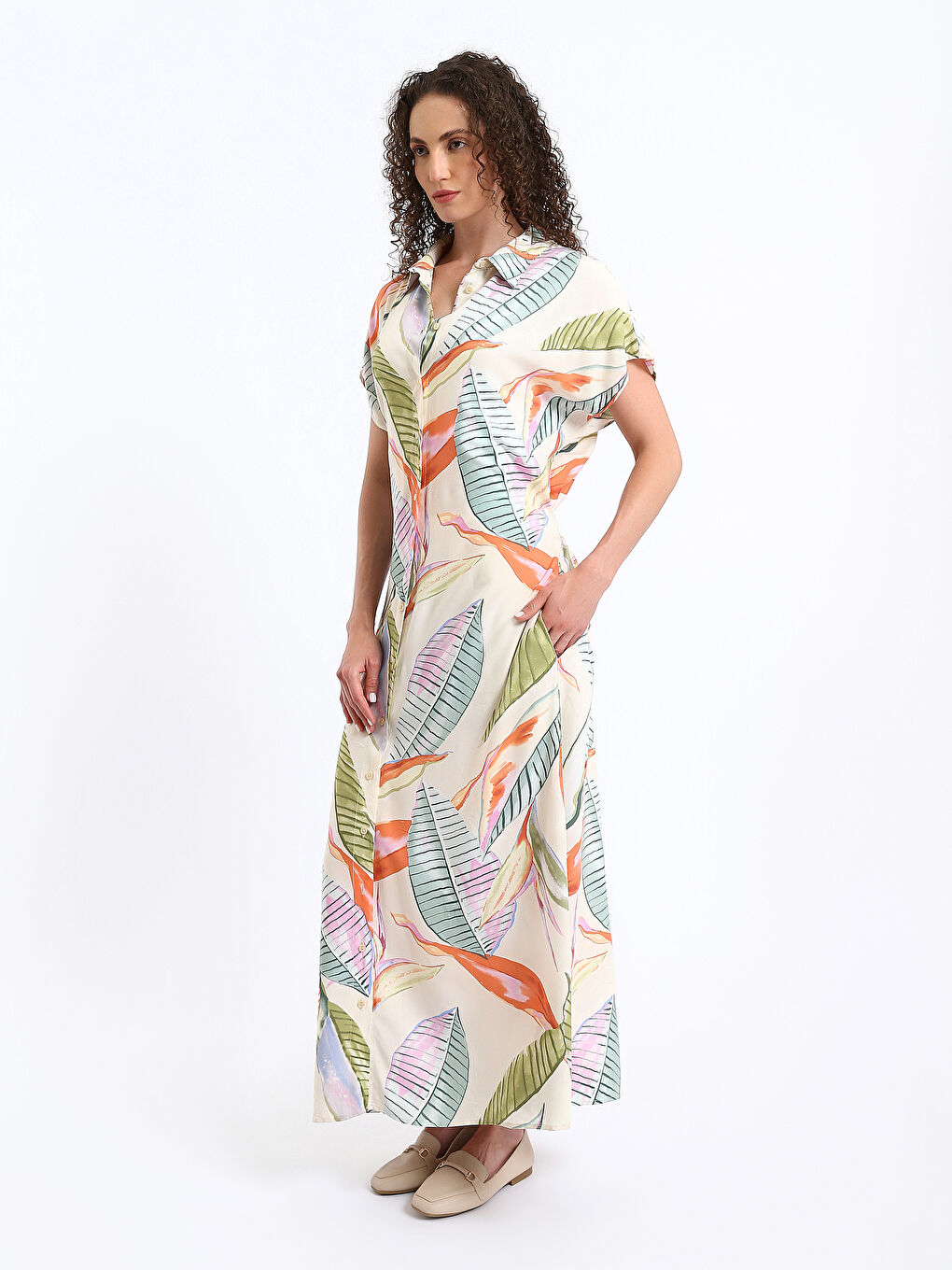 Floral Short Sleeve Women's Shirt Dress-3