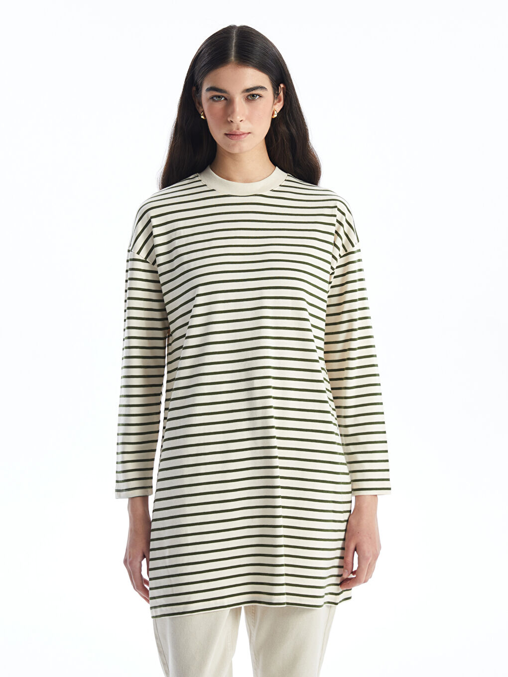 Crew Neck Striped Long Sleeve Women's Tunic -S4ER43Z8-LFT