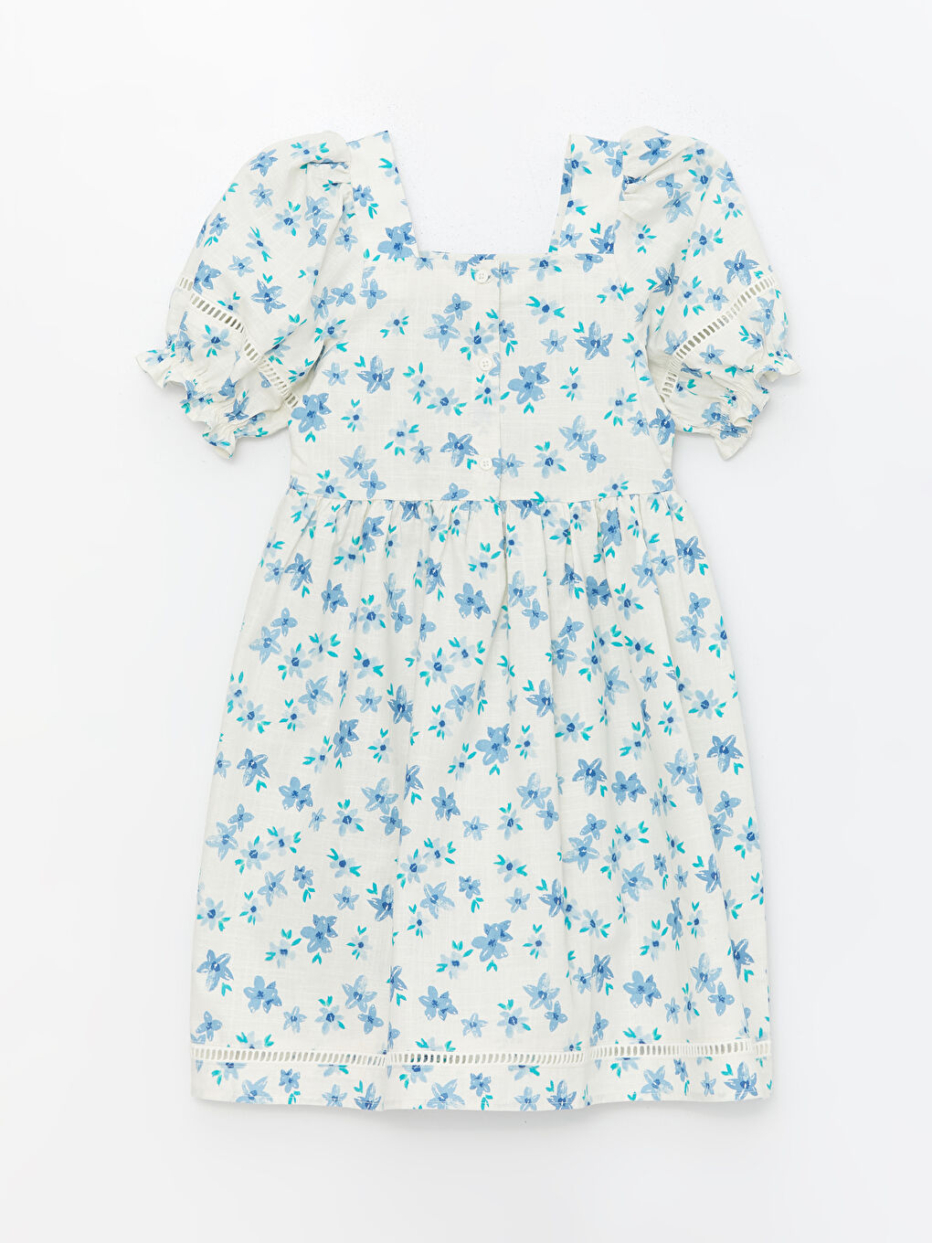 Mavi Kare Yaka Çiçekli Kısa Kollu Kadın Elbise-1