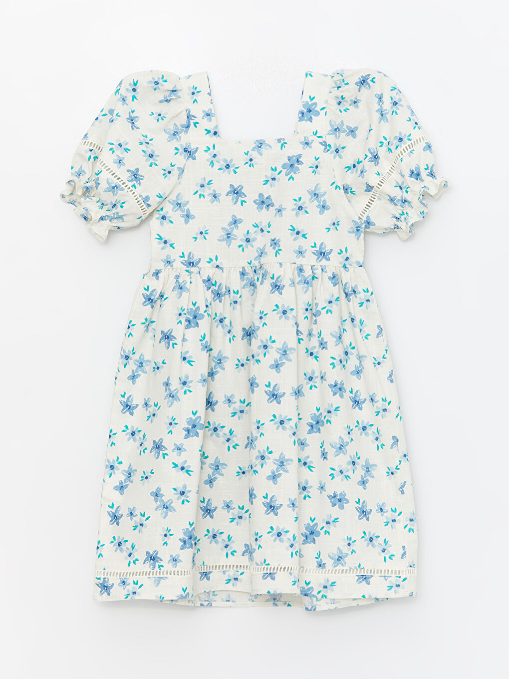 Mavi Kare Yaka Çiçekli Kısa Kollu Kadın Elbise