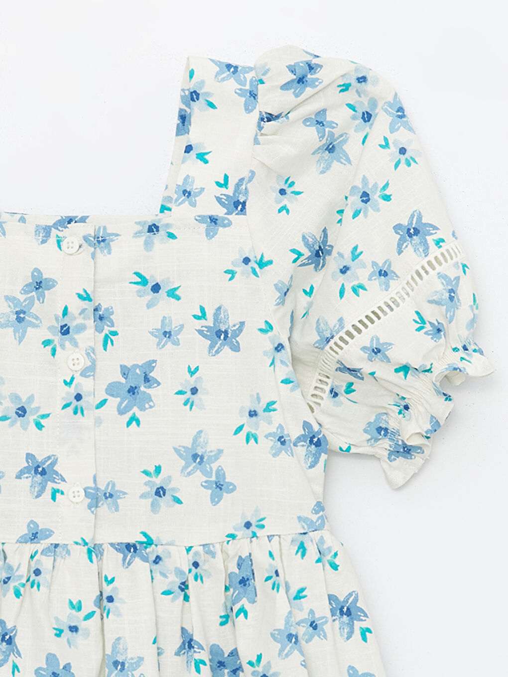 Mavi Kare Yaka Çiçekli Kısa Kollu Kadın Elbise-2