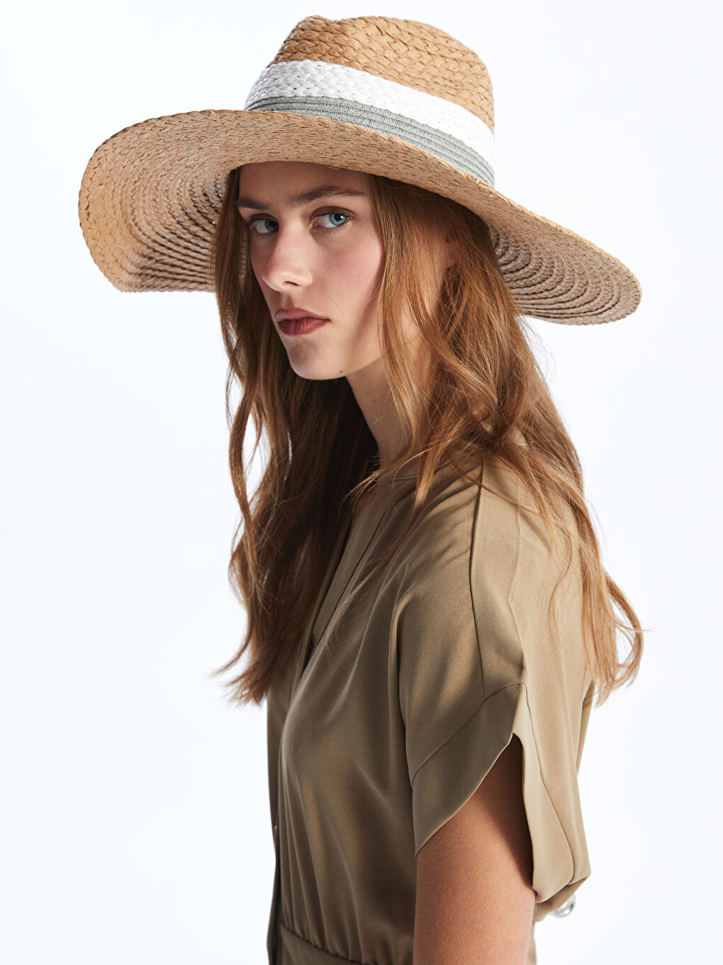 Women's Straw Fedora Hat with Stripe Detail -S4ES14Z8-CR8