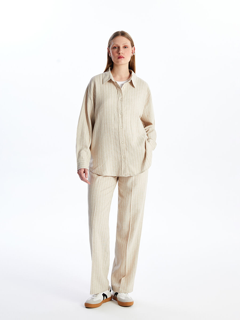 LCW Vision Standard Fit Striped Linen Blend Women's Trousers -S4ES31Z8-LE8