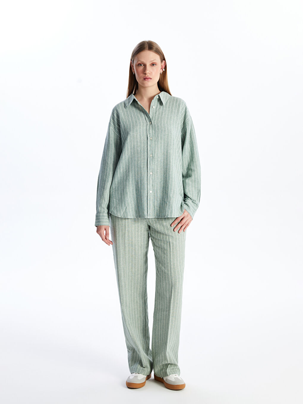 LCW Vision Standard Fit Striped Linen Blend Women's Trousers -S4ES31Z8-LGE