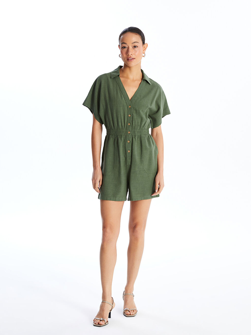 LCW Vision Shirt Collar Plain Short Sleeve Linen-Look Women's Jumpsuit -S4ES40Z8-H70